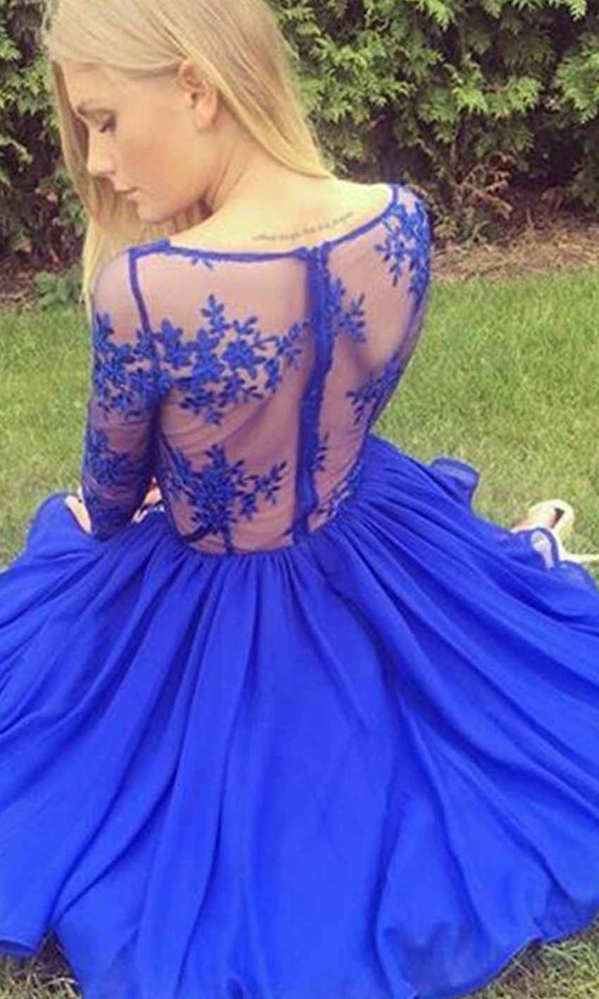 Blue V-neck Lace Prom Dresses Long Sleeves in Knee Length P516 - promboutiqueonline