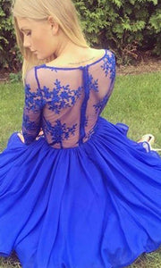 Blue V-neck Lace Prom Dresses Long Sleeves in Knee Length P516