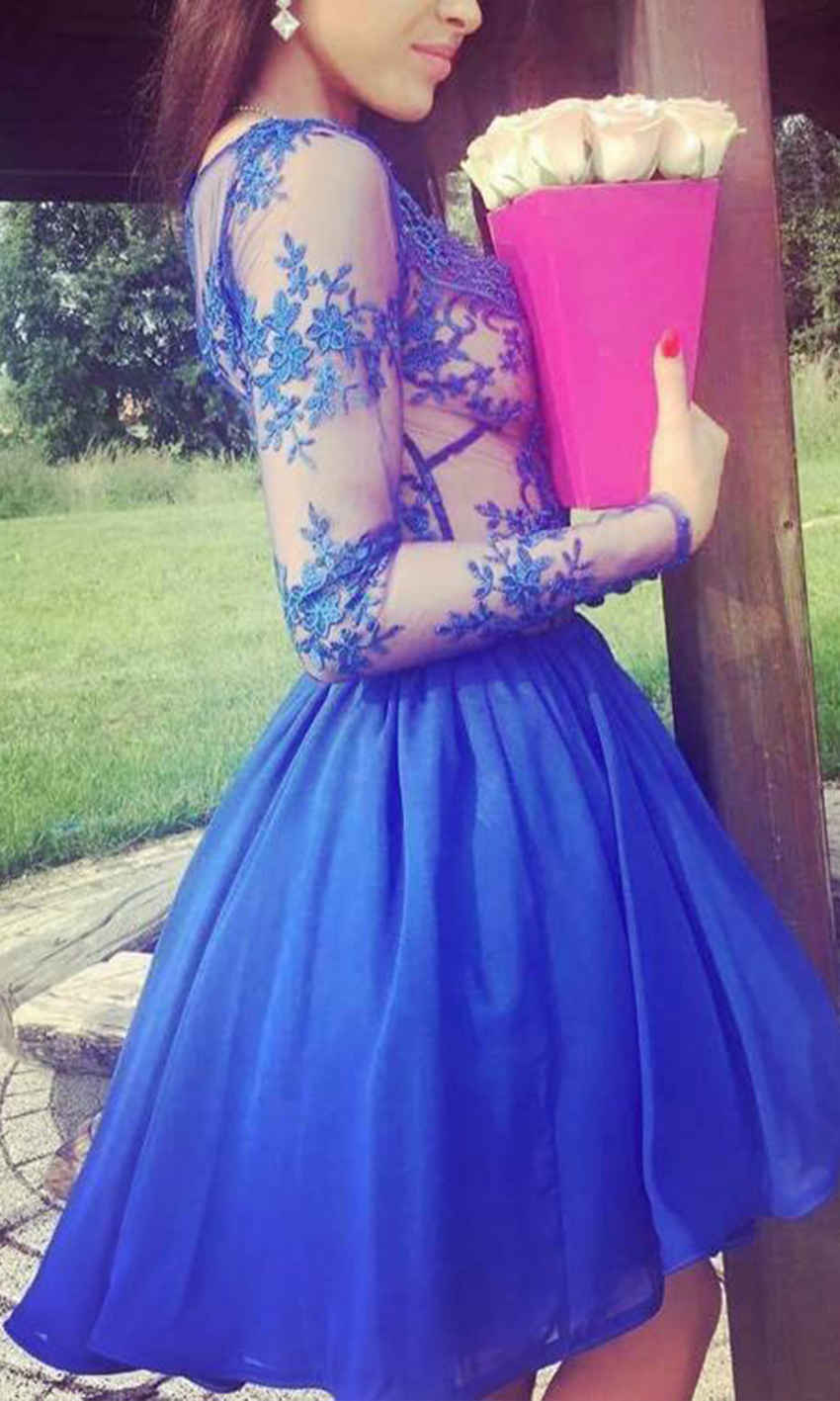 Blue V-neck Lace Prom Dresses Long Sleeves in Knee Length P516 - promboutiqueonline