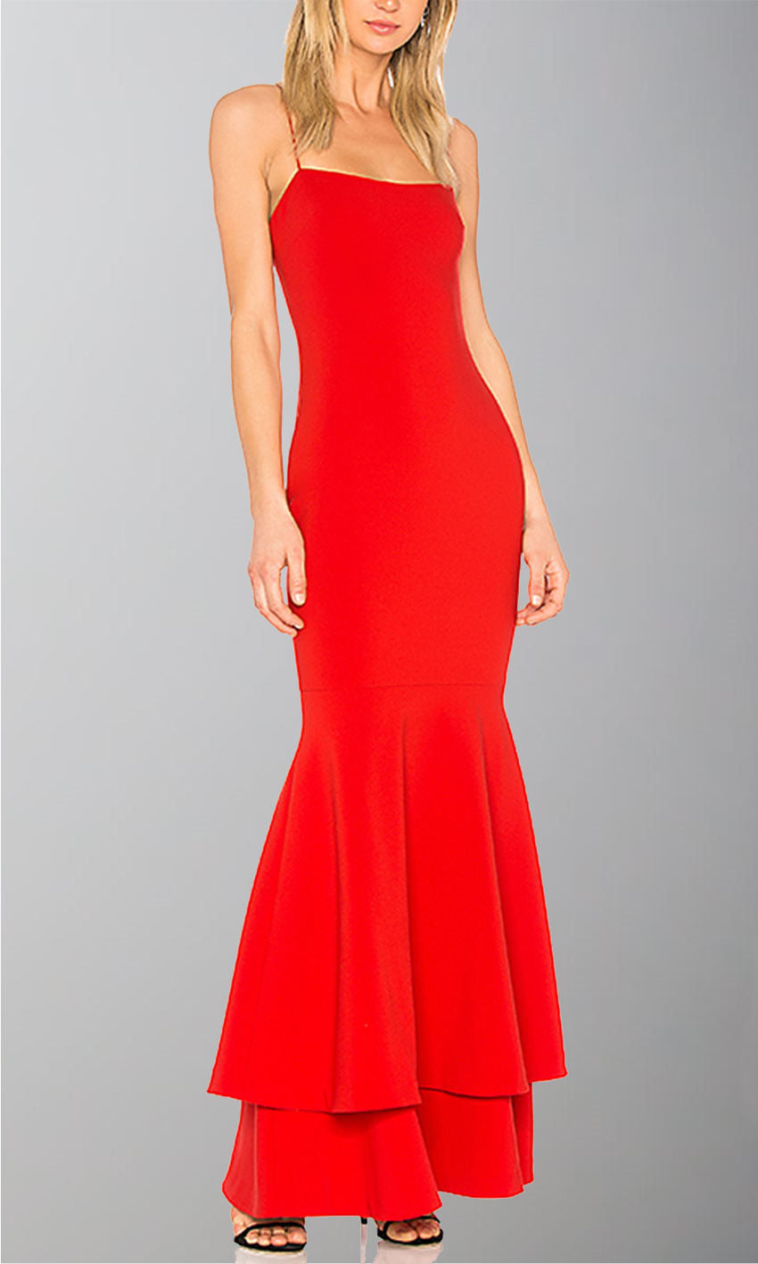 Red Long Trumpet Layered Fit & Flare Prom Dresses with Spaghetti Straps P517 - promboutiqueonline