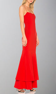 Red Long Trumpet Layered Fit & Flare Prom Dresses with Spaghetti Straps P517