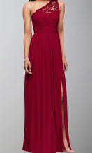 Load image into Gallery viewer, Wine Lace One Shoulder Long Bridesmaid Dresses with Slit P519