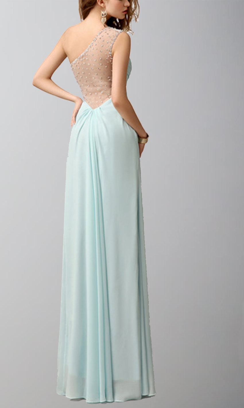 Long Chiffon One Shoulder Sequin Prom Dresses with Thigh Slit P520 - promboutiqueonline