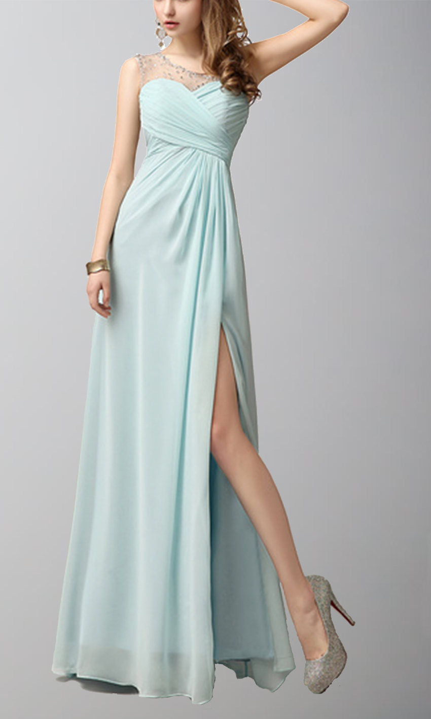 Long Chiffon One Shoulder Sequin Prom Dresses with Thigh Slit P520