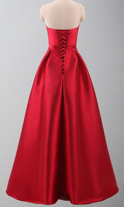 Strapless Straight Neck Long Satin Red Princess Prom Ball Gowns Lace Up Back P522 - promboutiqueonline