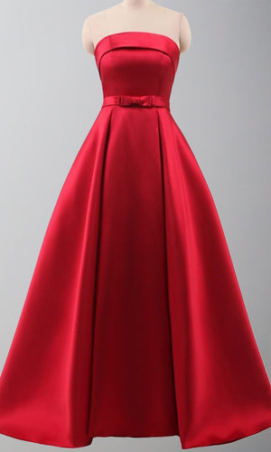 Strapless Straight Neck Long Satin Red Princess Prom Ball Gowns Lace Up Back P522
