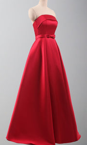 Strapless Straight Neck Long Satin Red Princess Prom Ball Gowns Lace Up Back P522