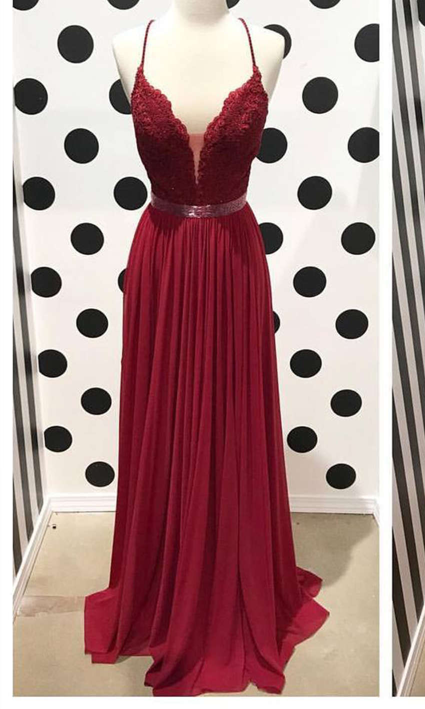 Backless Burgundy Lace Prom Dresses Long with Cross Straps P523 - promboutiqueonline