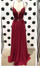 Load image into Gallery viewer, Backless Burgundy Lace Prom Dresses Long with Cross Straps P523