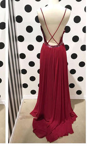 Backless Burgundy Lace Prom Dresses Long with Cross Straps P523