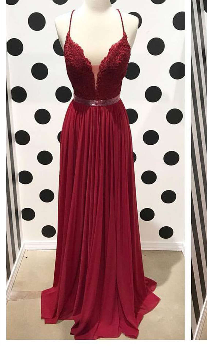 Backless Burgundy Lace Prom Dresses Long with Cross Straps P523