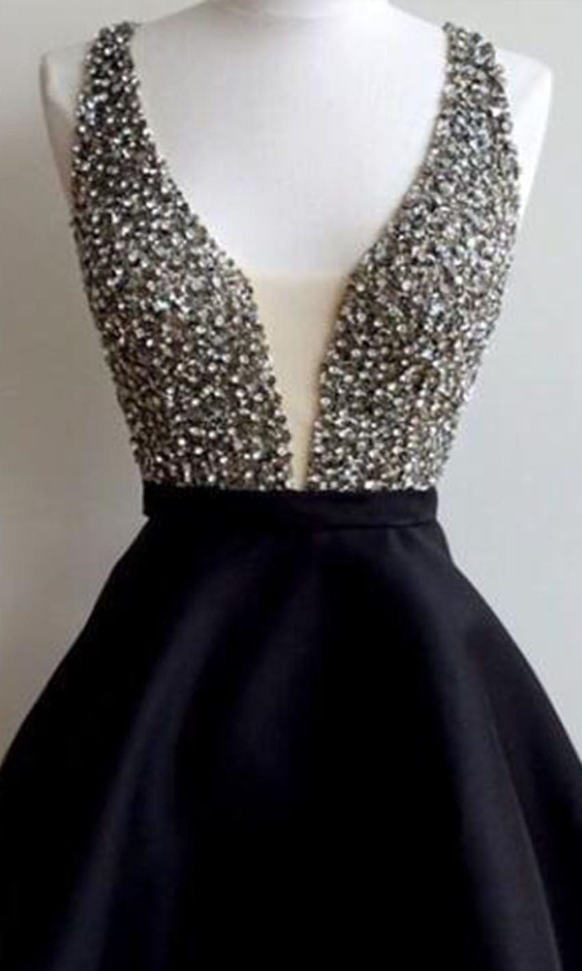 Plunging Illusion V-neck Short Black Graduation Prom Dresses Online KSP525 - promboutiqueonline