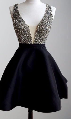 Plunging Illusion V-neck Short Black Graduation Prom Dresses Online KSP525