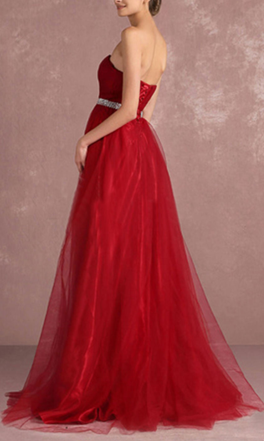 Long Red Strapless Prom Dresses for Girls with Lace Up Back P526 - promboutiqueonline