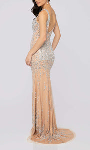 V-neck Long Slit Sleek Sequin Sheath Prom Dresses With Train and Tank Straps P527