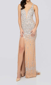 V-neck Long Slit Sleek Sequin Sheath Prom Dresses With Train and Tank Straps P527