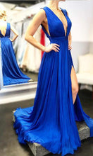 Load image into Gallery viewer, Deep V-neck Long Roayl Blue Prom Dresses Sexy Maxi Slit Prom Dresses P528