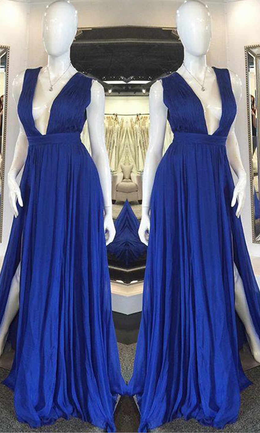 Deep V-neck Long Roayl Blue Prom Dresses Sexy Maxi Slit Prom Dresses P528 - promboutiqueonline