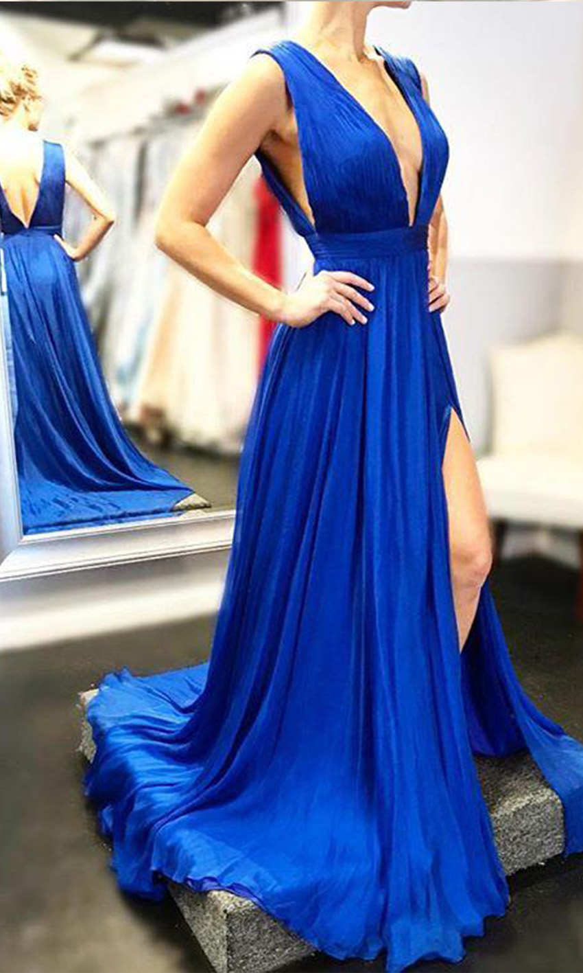 Deep V-neck Long Roayl Blue Prom Dresses Sexy Maxi Slit Prom Dresses P528