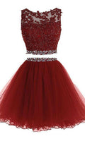Short Two Pieces Prom Dresses with High Illusion Neckline Features Rhinestone and Applique P529 - promboutiqueonline