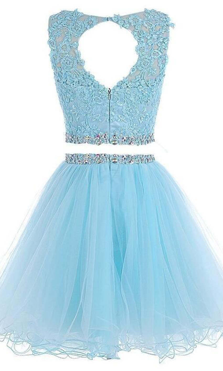 Short Two Pieces Prom Dresses with High Illusion Neckline Features Rhinestone and Applique P529 - promboutiqueonline