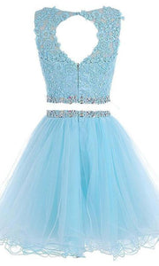 Short Two Pieces Prom Dresses with High Illusion Neckline Features Rhinestone and Applique P529