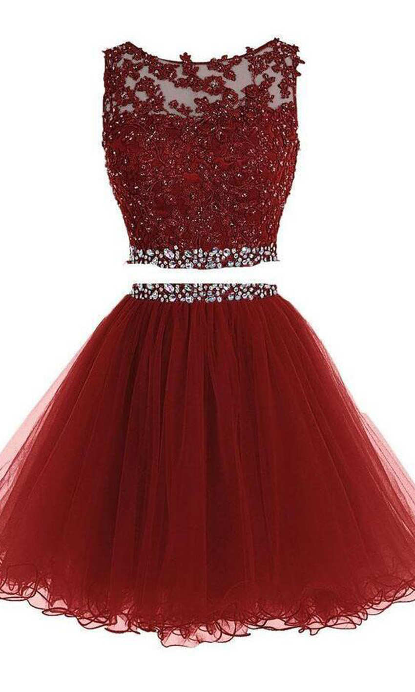 Short Two Pieces Prom Dresses with High Illusion Neckline Features Rhinestone and Applique P529 - promboutiqueonline