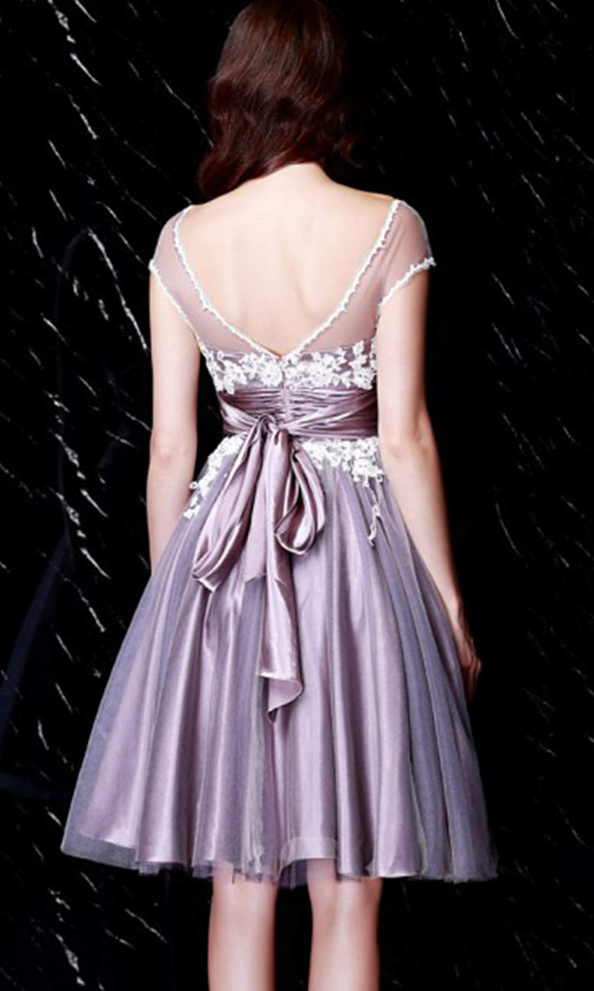 Dusty Purple Applique Short Graduation Prom Dresses Bow Knot with Cap Sleeves KSP531 - promboutiqueonline