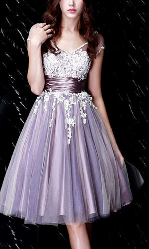 Dusty Purple Applique Short Graduation Prom Dresses Bow Knot with Cap Sleeves KSP531