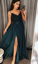 Load image into Gallery viewer, Spaghetti Straps Green Lace Long Slit Prom Dresses  P533