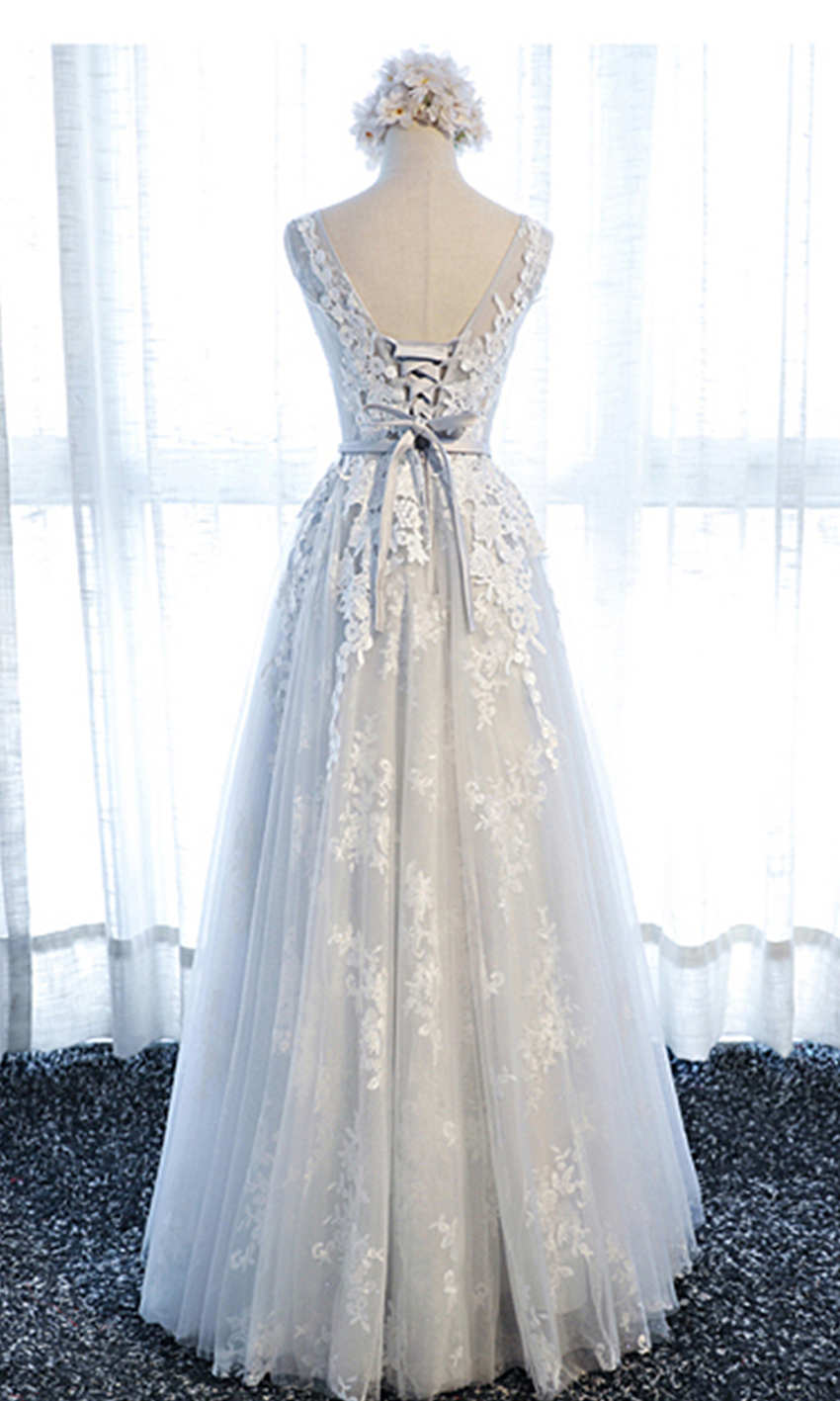 Beautiful Double Layer Applique Long Grey Prom Dresses Lace Up Back P534 - promboutiqueonline