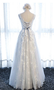Beautiful Double Layer Applique Long Grey Prom Dresses Lace Up Back P534