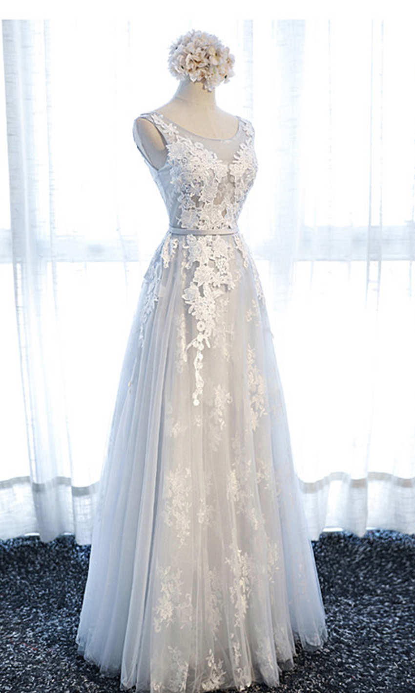 Beautiful Double Layer Applique Long Grey Prom Dresses Lace Up Back P534 - promboutiqueonline