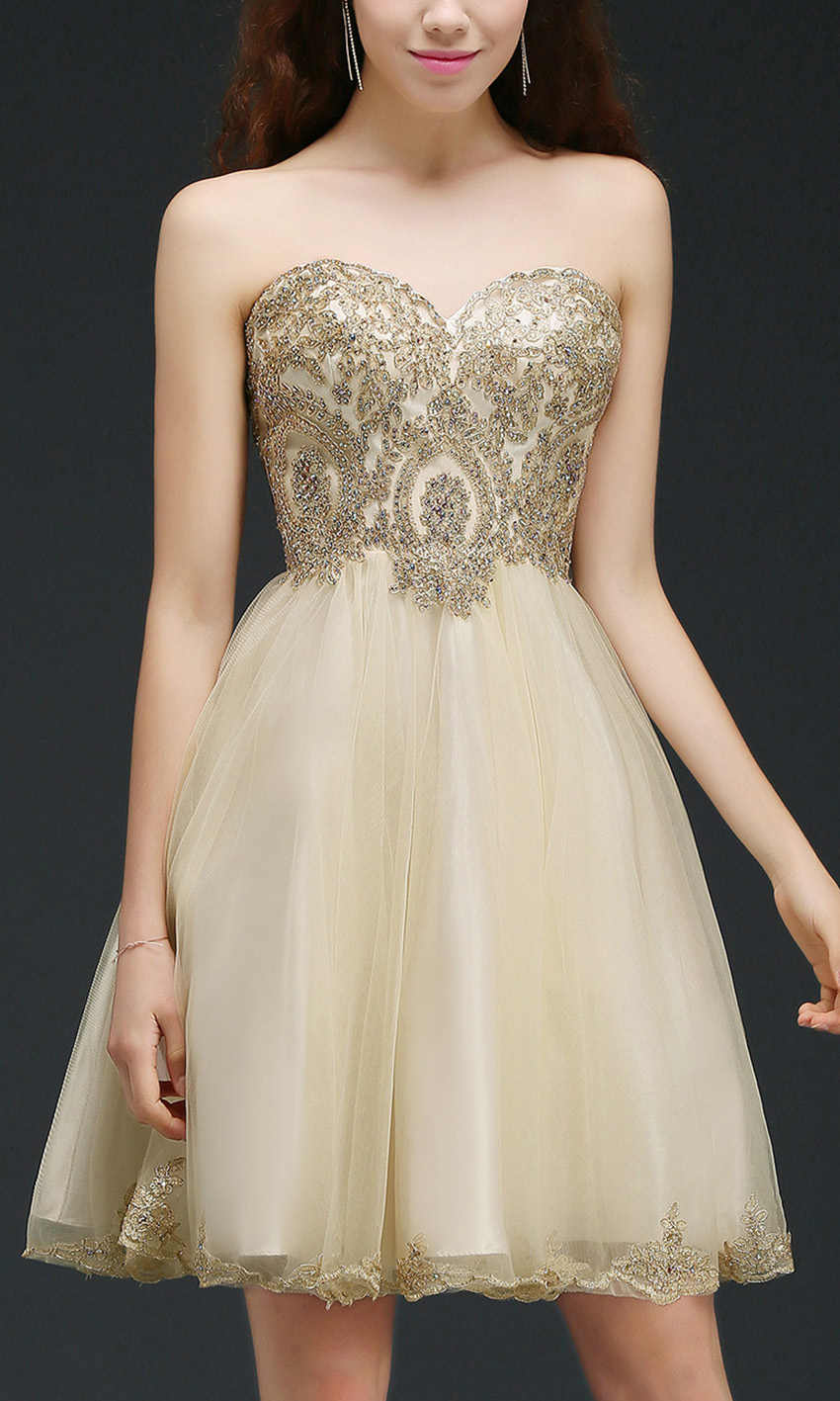 Embroidery Applique Rhinestone Short Golden Prom Dresses Lace Up Back P535 - promboutiqueonline