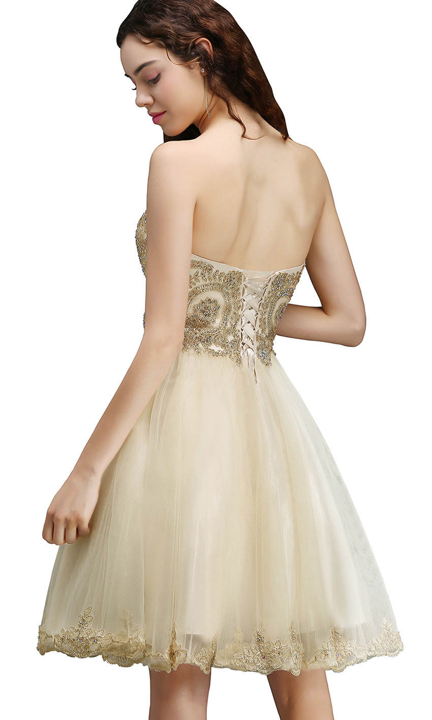 Embroidery Applique Rhinestone Short Golden Prom Dresses Lace Up Back P535 - promboutiqueonline
