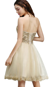 Embroidery Applique Rhinestone Short Golden Prom Dresses Lace Up Back P535