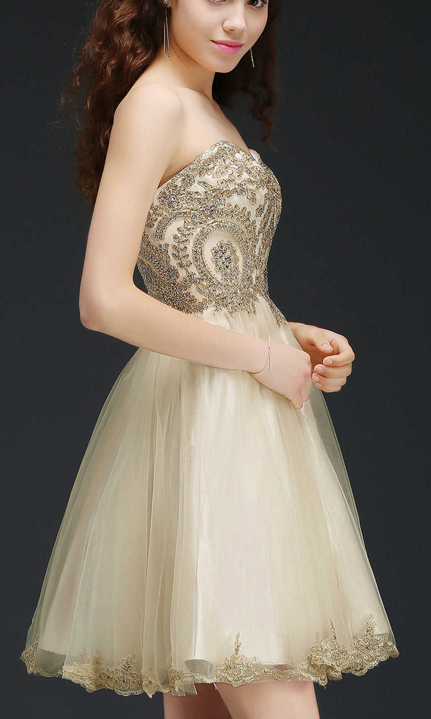 Embroidery Applique Rhinestone Short Golden Prom Dresses Lace Up Back P535 - promboutiqueonline