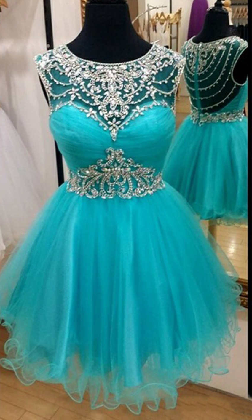 Short Extravagant Prom Dresses with Patterned Rhinestones And Sheer Back P536