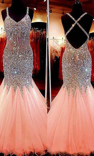 Sparkly Long Corset Trumpet Mermaid Prom Dress with Cross Strap Back P537