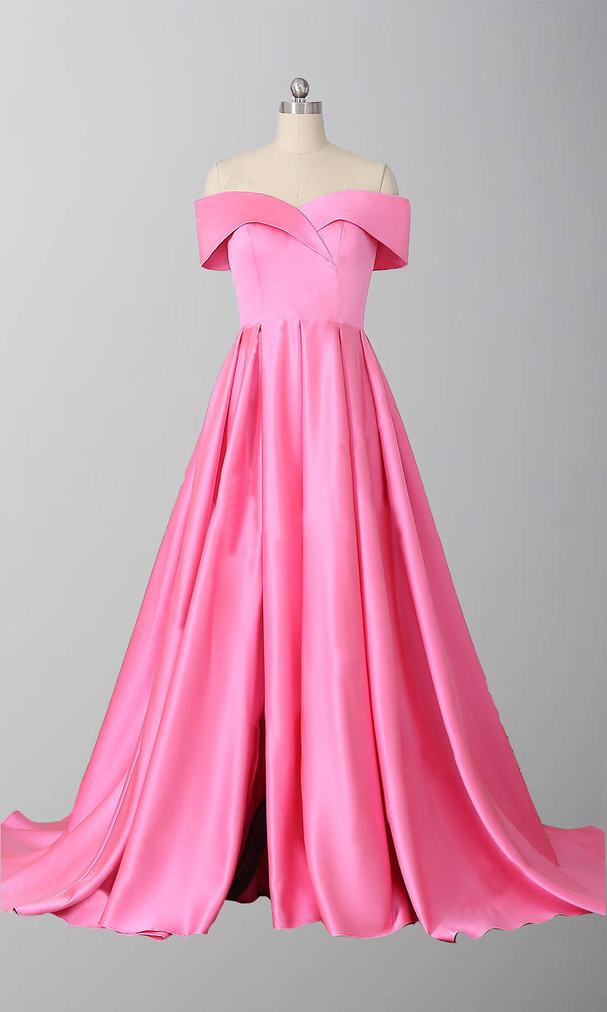 Pink Satin Off the Shouder Long Prom Ball Gowns with Thigh Slit P538 - promboutiqueonline