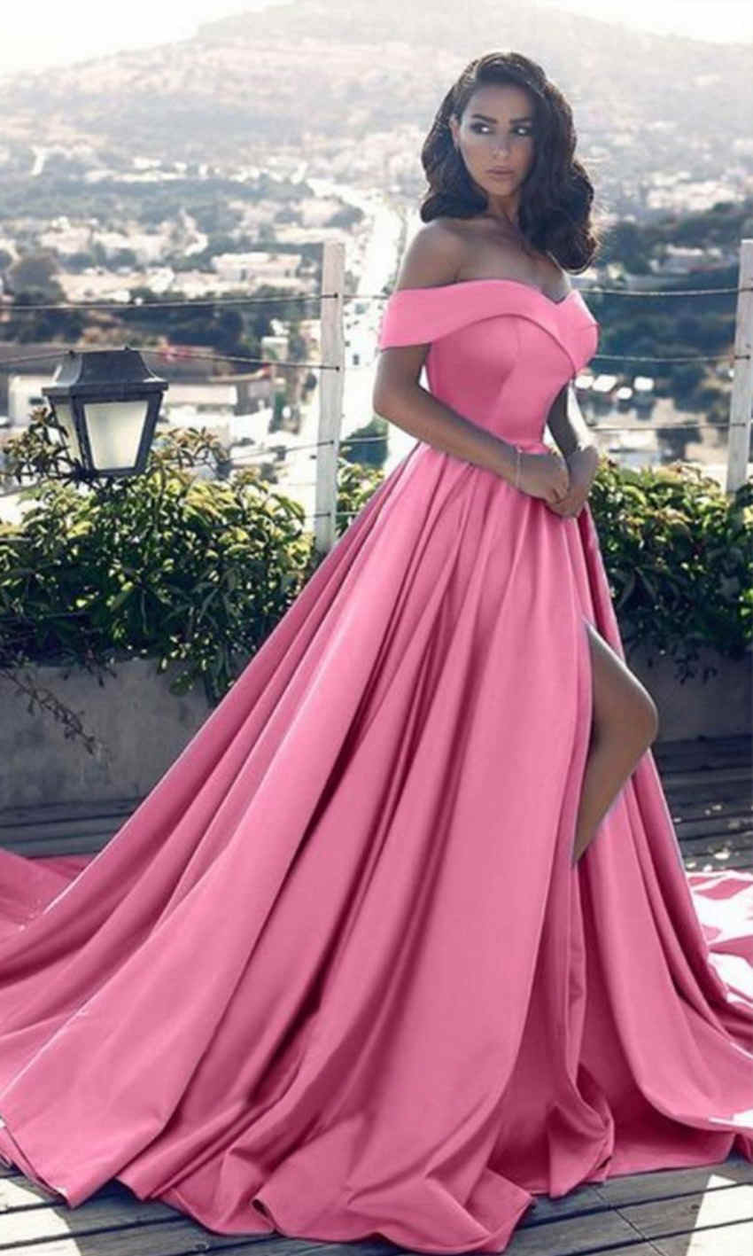 Pink Satin Off the Shouder Long Prom Ball Gowns with Thigh Slit P538 - promboutiqueonline