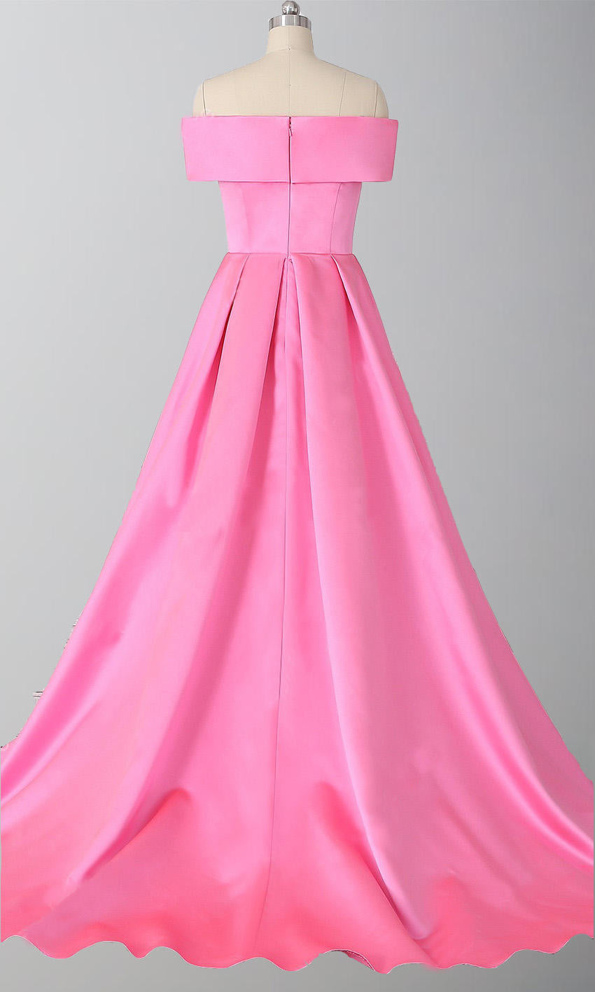 Pink Satin Off the Shouder Long Prom Ball Gowns with Thigh Slit P538 - promboutiqueonline