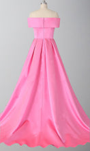 Load image into Gallery viewer, Pink Satin Off the Shouder Long Prom Ball Gowns with Thigh Slit P538