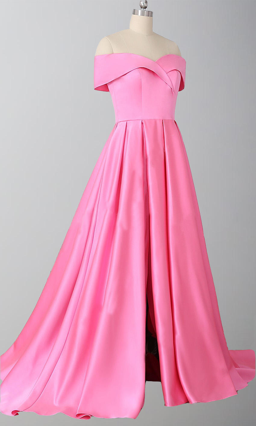 Pink Satin Off the Shouder Long Prom Ball Gowns with Thigh Slit P538 - promboutiqueonline