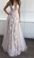 Long Sheer Illusion V-neck Prom Dress with Flower Applique Embellishment P540 - promboutiqueonline