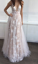Load image into Gallery viewer, Long Sheer Illusion V-neck Prom Dress with Flower Applique Embellishment P540