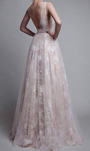 Load image into Gallery viewer, Long Sheer Illusion V-neck Prom Dress with Flower Applique Embellishment P540