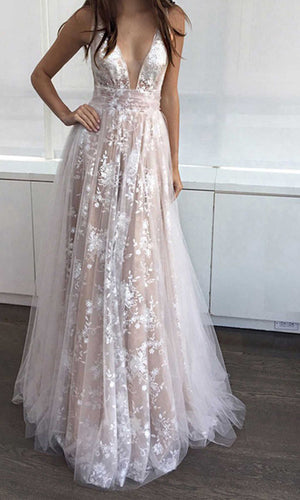 Long Sheer Illusion V-neck Prom Dress with Flower Applique Embellishment P540