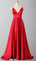 Red Satin Long Prom Dresses With Spaghetti Straps and V-neck P542 - promboutiqueonline