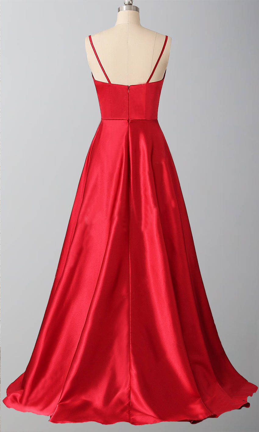 Red Satin Long Prom Dresses With Spaghetti Straps and V-neck P542 - promboutiqueonline